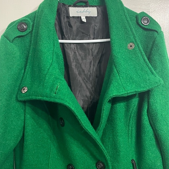 Sebby Emerald Green Pea Coat with Black Leather Accents XL - Picture 3 of 13
